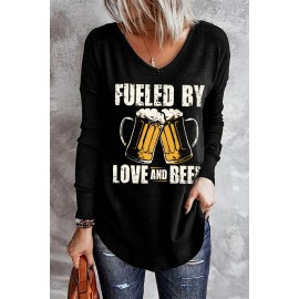Black Beer Glass Letter Graphic Print Long Sleeve Top