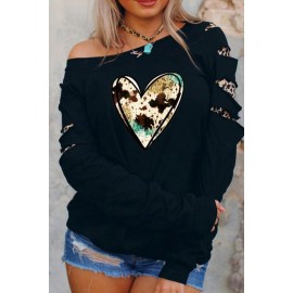 Black Graphic Heart-shaped Print Cut-out Long Sleeve Sweatshirt