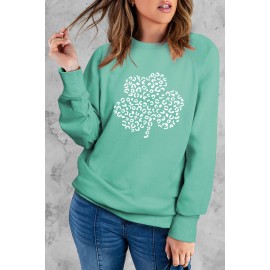 Green Leopard Clover Print Long Sleeve Sweatshirt