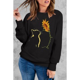 Black Sunflower and Cartoon Cat Graphic Women Sweatshirt